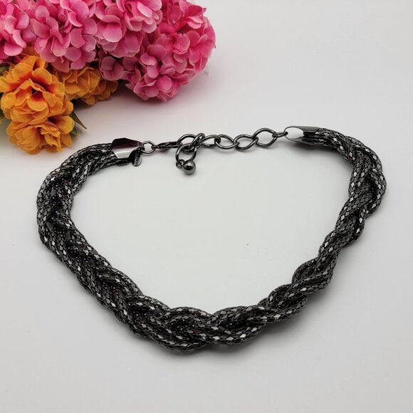 Express Gunmetal Tone Mesh Chain Braided Necklace 20" Adjustable Lobster Clasp - Picture 1 of 7